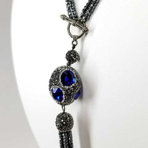 Blue Crystal Cat Eye Gem Hematite Tassel Choker NEW - Picture 9 of 12